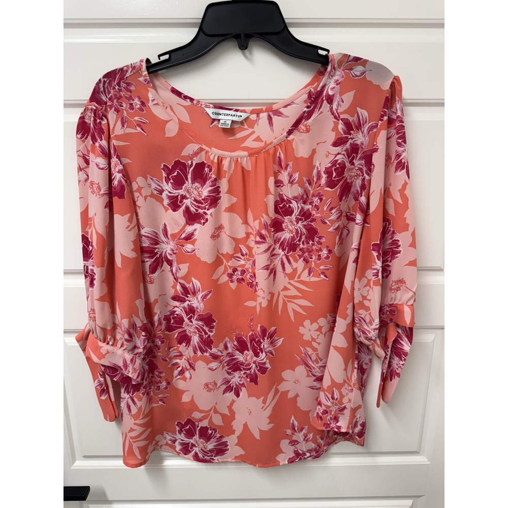 Counterparts Blouse Top Womens XL Tropical Floral Print Pink Coral Tie Sleeve